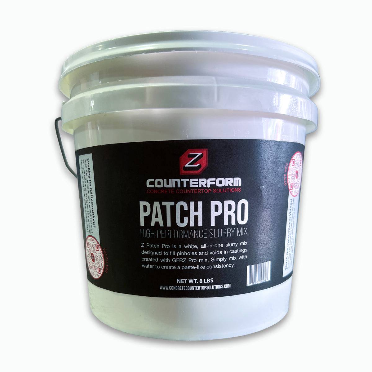 Patch Pro - Concrete Countertop Slurry Mix in an 8 lb white plastic bucket with a black label, designed for filling voids and imperfections in GFRZ Pro concrete surfaces.